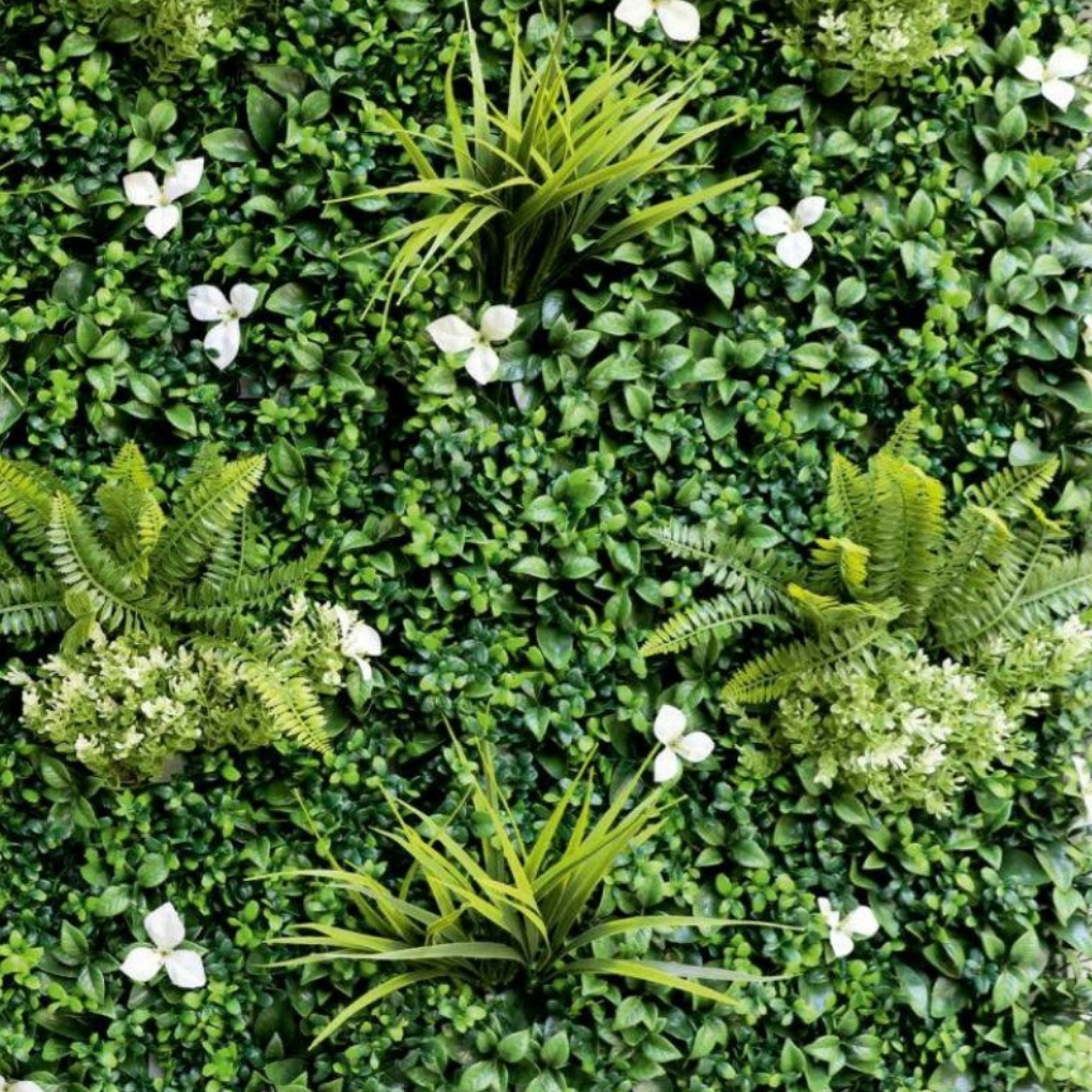 Garden Gyani Artificial Vertical Garden Panel 100×100 cm | Mixed Foliage with White Flowers | Premium Green Wall | UV Protected Indoor Outdoor