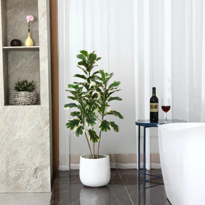Garden Gyani Variegated Fiddle Leaf Fig – 150 cm Tall Artificial Plant with Pot | Lifelike Faux Indoor Decorative Greenery