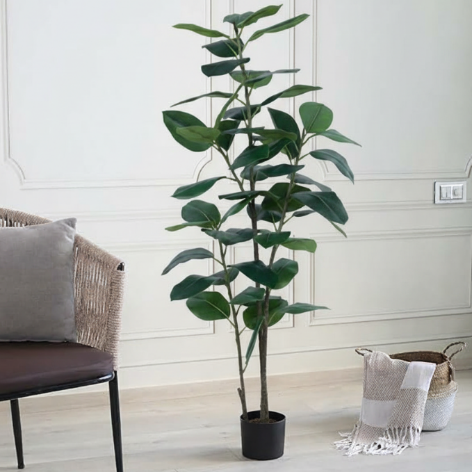 Garden Gyani Rubber Leaves X5 – 130 cm Tall Artificial Plant with Pot | Lifelike Faux Indoor & Outdoor Décor