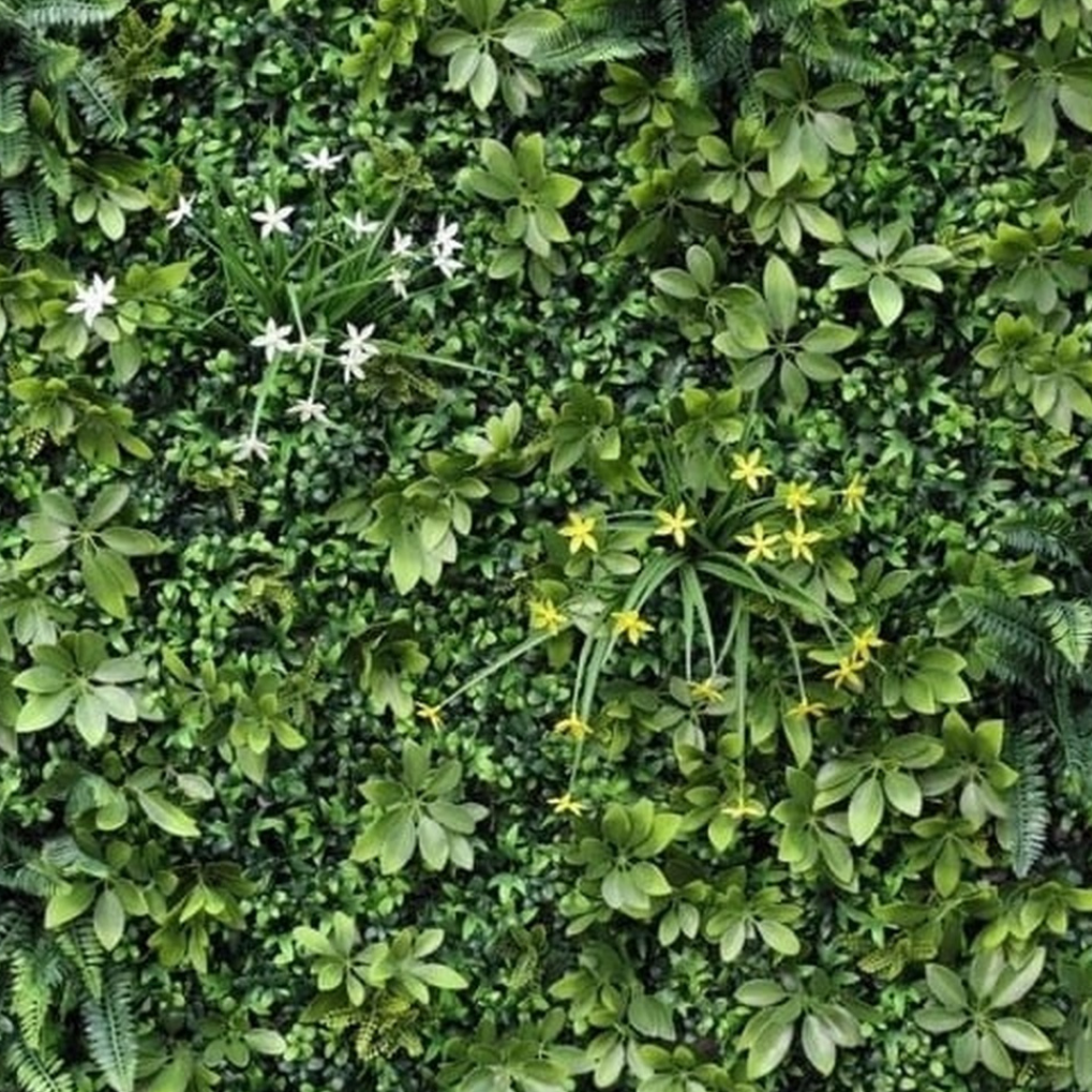 Garden Gyani Artificial Vertical Garden Panel 100×100 cm | Mixed Green Leaves with Yellow & White Flowers | Premium Green Wall | UV Protected Indoor Outdoor