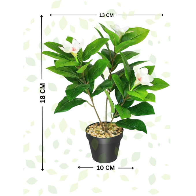 Garden Gyani Artificial Magnolia Plant – 18 cm Tall Faux White Flower Plant with Black Pot | Tabletop Decorative Plant for Home & Office Décor
