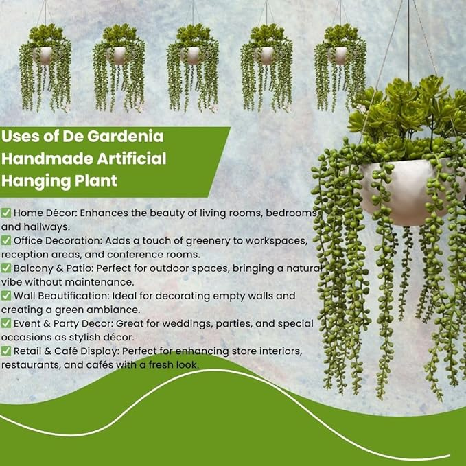 Garden Gyani Artificial Hanging Plants – Fern Vine with Multicolor Flowers | Indoor & Outdoor Faux Greenery with Plastic & Wooden Pot