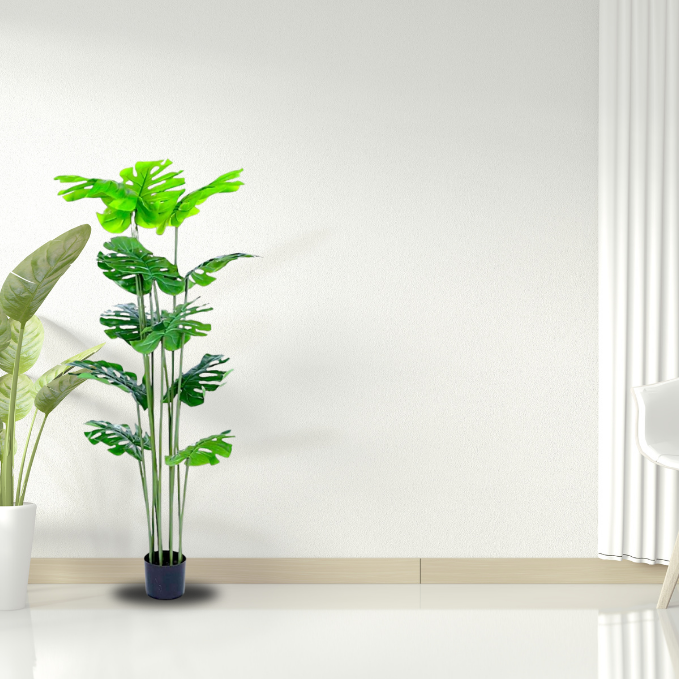 Garden Gyani 106 cm Artificial Palm Plant with Faux Turtle Leaf & Monstera – 12 Tropical Leaves in Black Pot | Realistic Outdoor & Indoor Greenery for Home, Office & Garden Décor