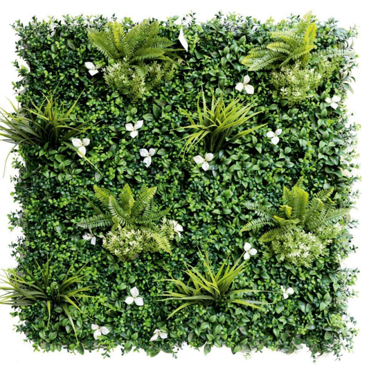 Garden Gyani Artificial Vertical Garden Panel 100×100 cm | Mixed Foliage with White Flowers | Premium Green Wall | UV Protected Indoor Outdoor
