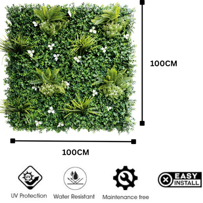 Garden Gyani Artificial Vertical Garden Panel 100×100 cm | Mixed Foliage with White Flowers | Premium Green Wall | UV Protected Indoor Outdoor