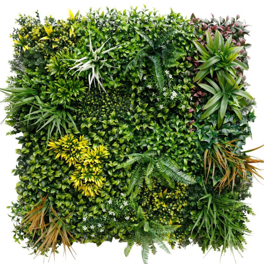Garden Gyani Artificial Vertical Garden Panel 100×100 cm | Premium Mixed Foliage with Yellow Highlights | Designer Green Wall | UV Protected Indoor Outdoor