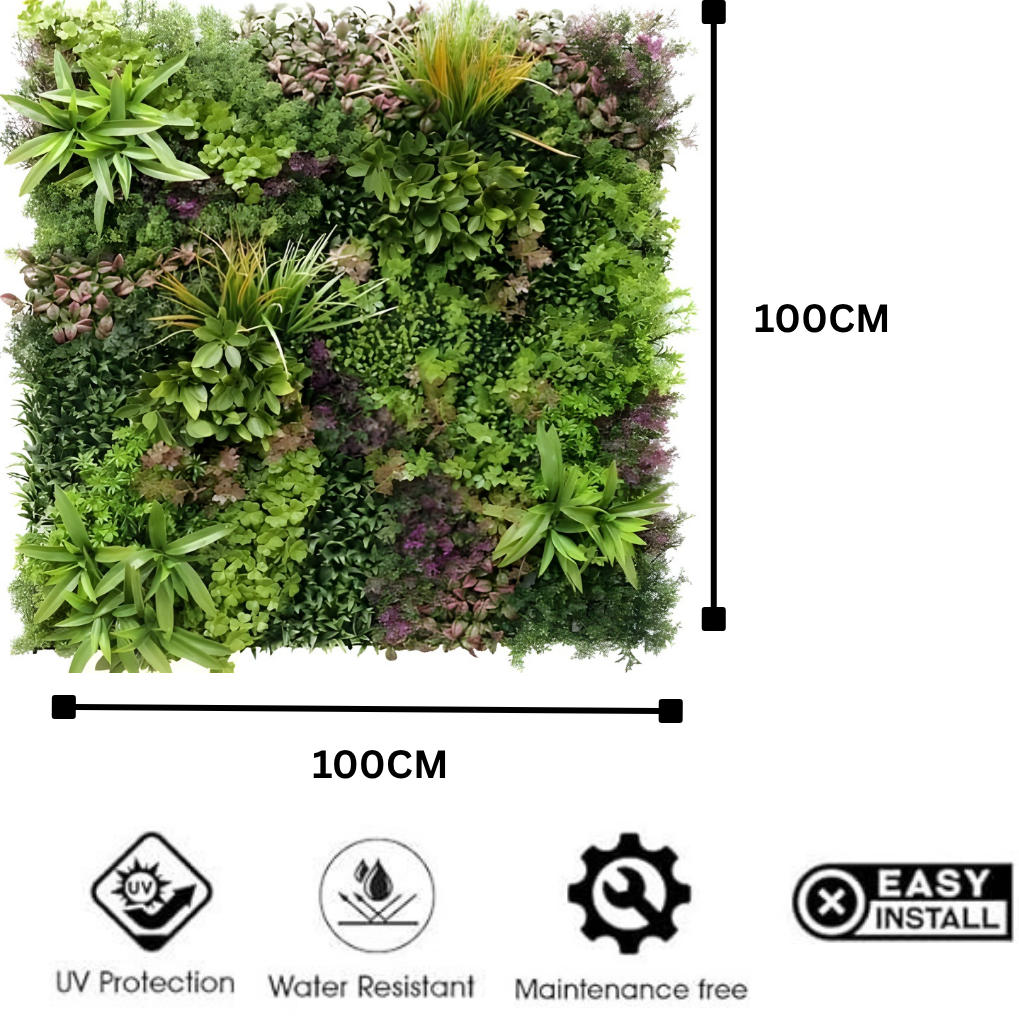 Garden Gyani Artificial Vertical Garden Panel 100×100 cm | Premium Mixed Foliage with Green & Purple Accents | Designer Green Wall | UV Protected Indoor Outdoor