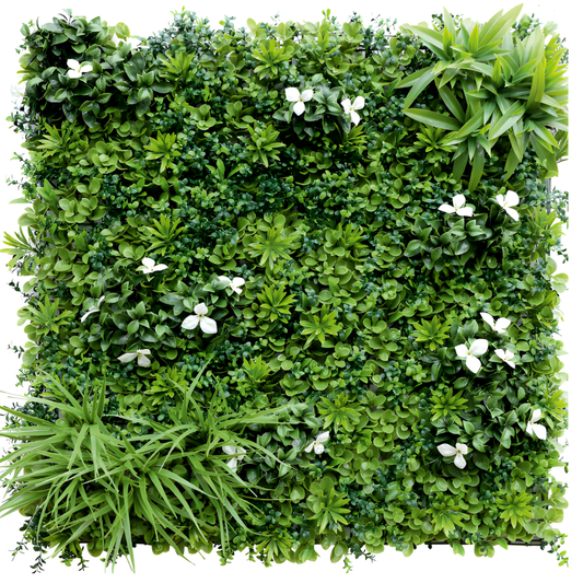 Garden Gyani Artificial Vertical Garden Panel 100×100 cm | Dense Green Foliage with White Flowers | Premium Green Wall | UV Protected Indoor Outdoor