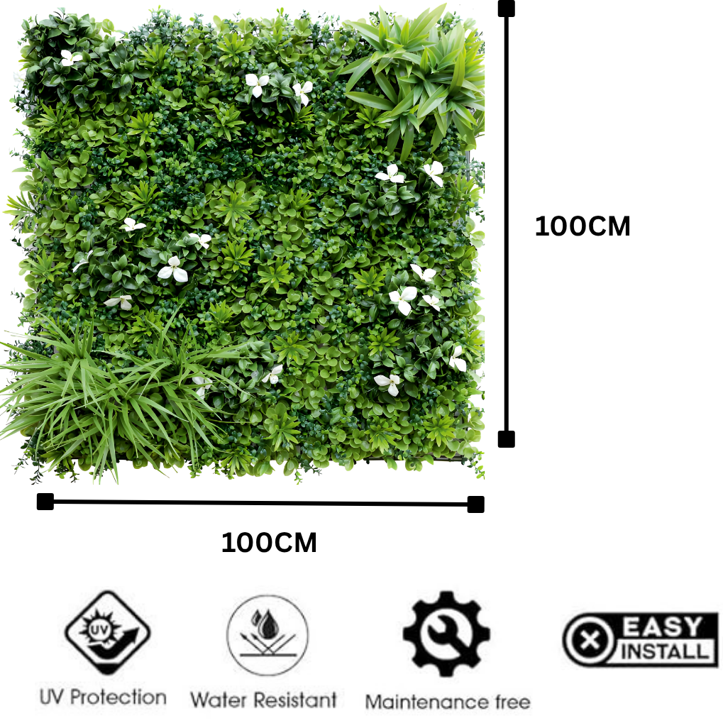 Garden Gyani Artificial Vertical Garden Panel 100×100 cm | Dense Green Foliage with White Flowers | Premium Green Wall | UV Protected Indoor Outdoor