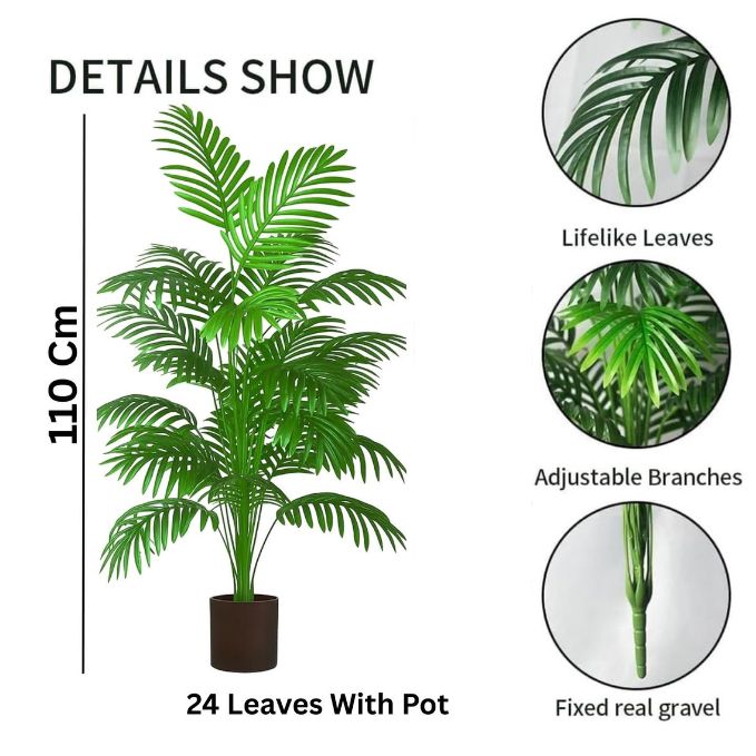 Garden Gyani 3.6 Ft Artificial Areca Palm Tree with Pot – 110CM Tall, 24 Leaves | UV Resistant Faux Palm Plant for Indoor & Outdoor Home Décor