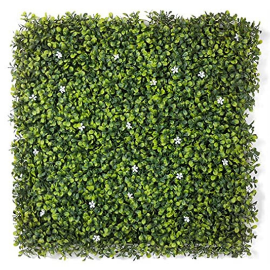 Garden Gyani Artificial Vertical Garden Panel 50×50 cm | Dense Boxwood Green Wall with White Flowers | Indoor Outdoor Decor