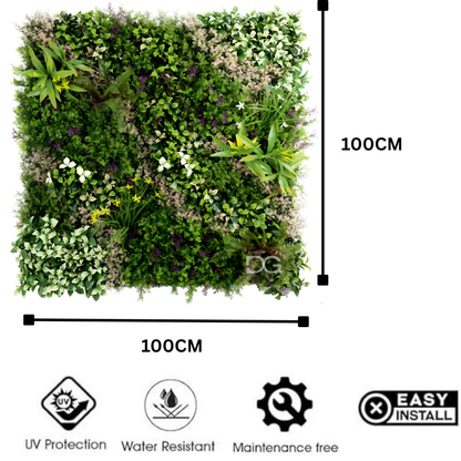 Garden Gyani Artificial Vertical Garden Panel 100×100 cm | Mixed Green Leaves with Yellow, White & Purple Accents | Premium Green Wall | UV Protected Indoor Outdoor