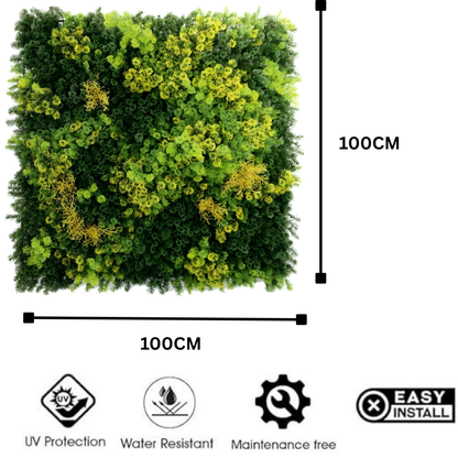 Garden Gyani Artificial Vertical Garden Panel 100×100 cm | Dual Tone Green Wall with Yellow Highlights | Dense Foliage Panel | UV Protected Indoor Outdoor