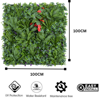 Garden Gyani Artificial Vertical Garden Panel 100×100 cm | Tropical Fern & Ivy Mix with Red Flowers | Dense Green Wall Panel | UV Protected Indoor Outdoor