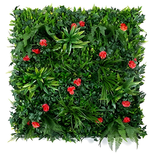 Garden Gyani Artificial Vertical Garden Panel 100×100 cm | Green Wall with Red Rose Flowers | Dense Tropical Foliage | UV Protected Indoor Outdoor