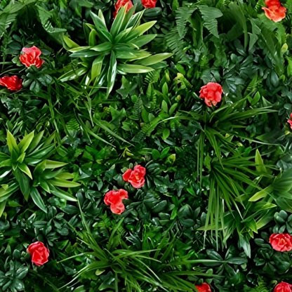 Garden Gyani Artificial Vertical Garden Panel 100×100 cm | Green Wall with Red Rose Flowers | Dense Tropical Foliage | UV Protected Indoor Outdoor