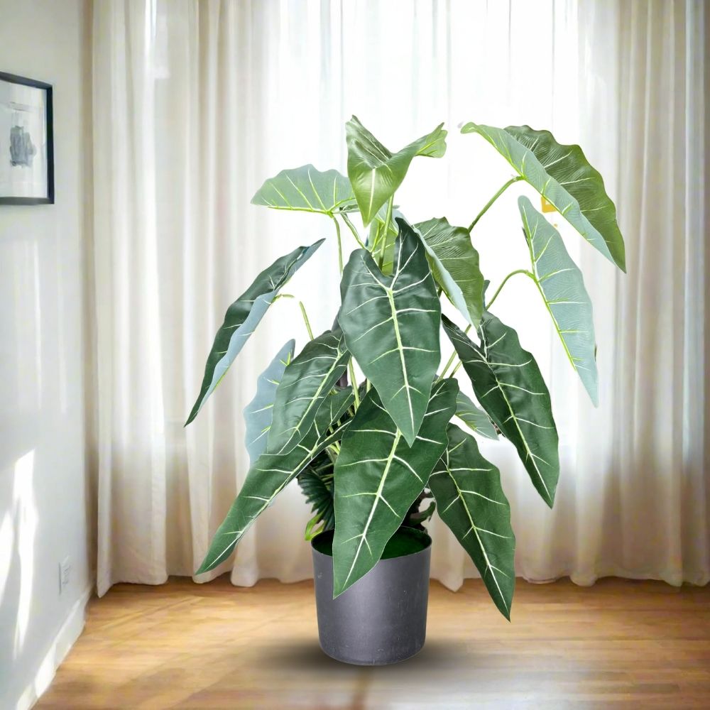 Garden Gyani Alocasia Polly Artificial Plant with Pot – 80cm Tall Faux African Mask Plant with Bold Veined Leaves | Indoor Tropical Plant for Home & Office Decor