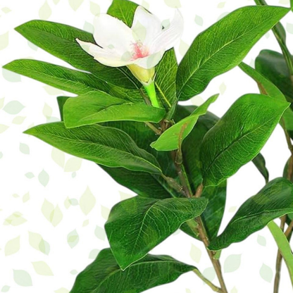 Garden Gyani Artificial Magnolia Plant – 18 cm Tall Faux White Flower Plant with Black Pot | Tabletop Decorative Plant for Home & Office Décor
