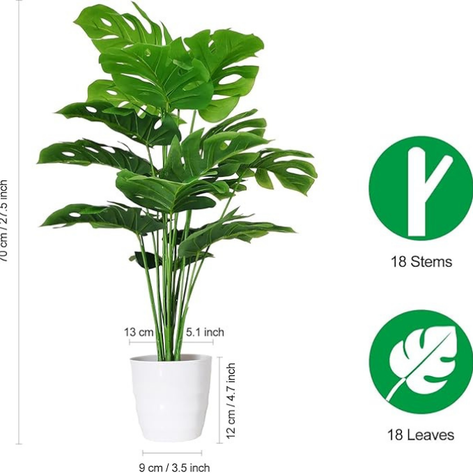 Garden Gyani Artificial Money Plant – 55 cm Tall Faux Green Ornamental Plant with White Pot | Indoor Palm Leaf Monstera for Home & Office Decor
