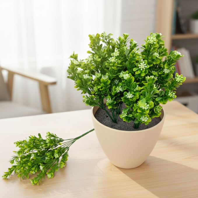 Garden Gyani Plastic Eucalyptus with White Flowers – 35cm Artificial Greenery Without Pot for Home, Office & Tabletop Décor