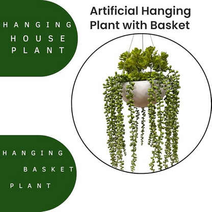 Garden Gyani Artificial Hanging Plants – Fern Vine with Multicolor Flowers | Indoor & Outdoor Faux Greenery with Plastic & Wooden Pot