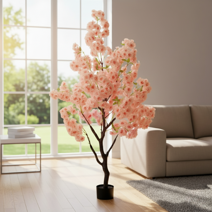Garden Gyani Pink Blossom Tree – 180 cm Tall Artificial Flowering Tree Without Pot | Lifelike Faux Floral Décor for Home & Office