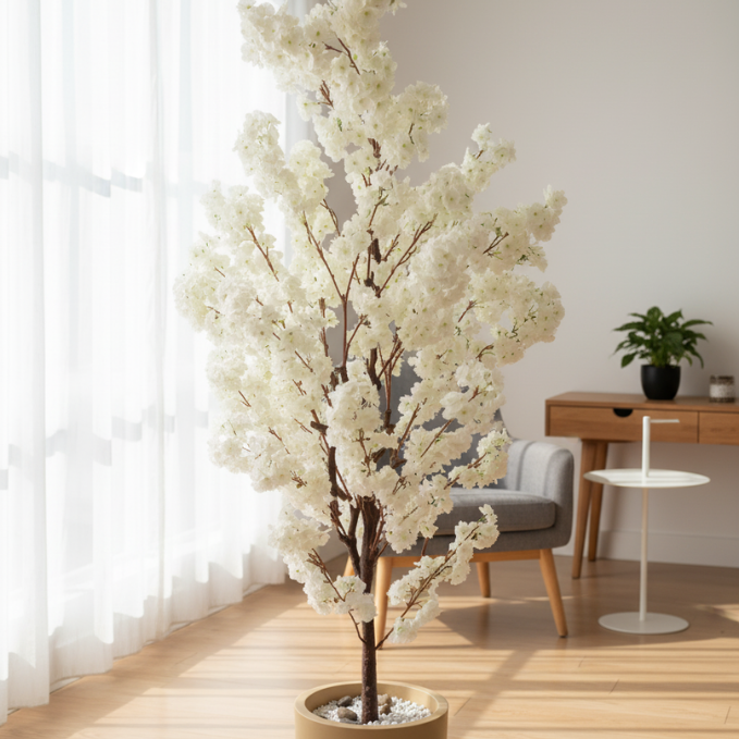 Garden Gyani Artificial White Blossom Tree – 180CM Faux Flowering Tree Without Pot | Elegant Decorative Plant for Home, Office & Event Décor