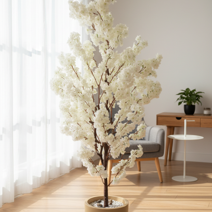 Garden Gyani Artificial White Blossom Tree – 180CM Faux Flowering Tree Without Pot | Elegant Decorative Plant for Home, Office & Event Décor