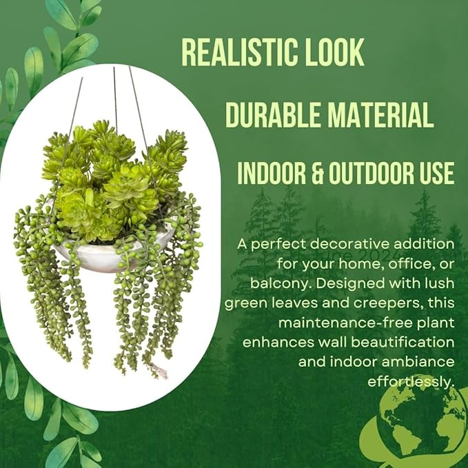 Garden Gyani Artificial Hanging Plants – Fern Vine with Multicolor Flowers | Indoor & Outdoor Faux Greenery with Plastic & Wooden Pot