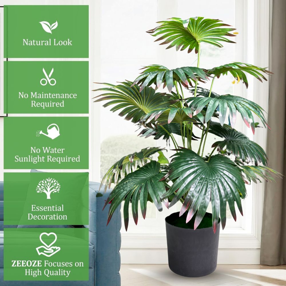 Garden Gyani Artificial Licuala Palm Plant with Pot – 2.5 Ft Tall Ruffled Fan Palm Tree | Realistic Faux Tropical Indoor Plant for Home & Office Décor