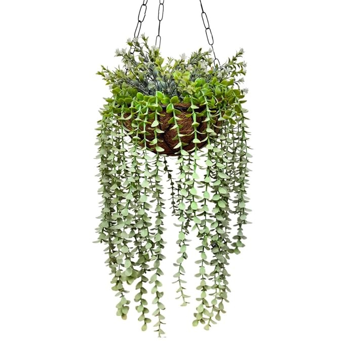 Garden Gyani Artificial Hanging Plants – Fern Vine & Multicolor Flowers | Faux Greenery for Indoor, Balcony & Garden | With Plastic & Wooden Pot