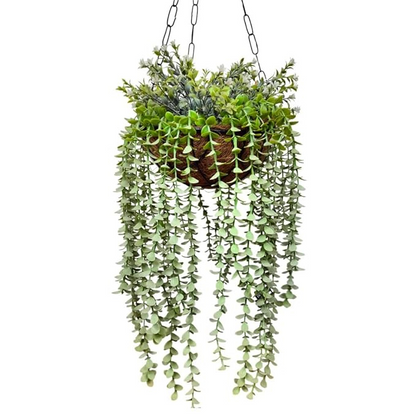 Garden Gyani Artificial Hanging Plants – Fern Vine & Multicolor Flowers | Faux Greenery for Indoor, Balcony & Garden | With Plastic & Wooden Pot