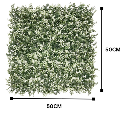 Garden Gyani Artificial Vertical Garden Panel 50×50 cm | White & Green Eucalyptus Style Wall Decor | Indoor Outdoor Foliage Panel