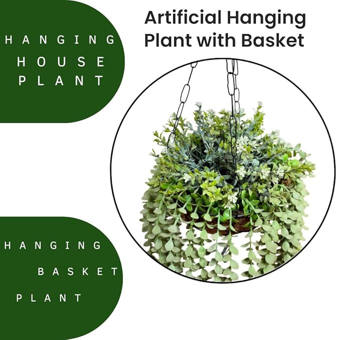 Garden Gyani Artificial Hanging Plants – Fern Vine & Multicolor Flowers | Faux Greenery for Indoor, Balcony & Garden | With Plastic & Wooden Pot