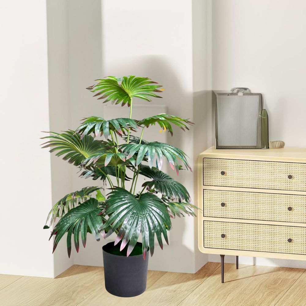Garden Gyani Artificial Licuala Palm Plant with Pot – 2.5 Ft Tall Ruffled Fan Palm Tree | Realistic Faux Tropical Indoor Plant for Home & Office Décor