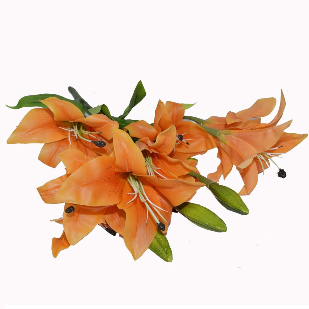 Artificial Orange Lily Flower Bouquet – Realistic Decorative Faux Floral Stem