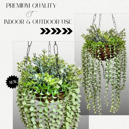 Garden Gyani Artificial Hanging Plants – Fern Vine & Multicolor Flowers | Faux Greenery for Indoor, Balcony & Garden | With Plastic & Wooden Pot
