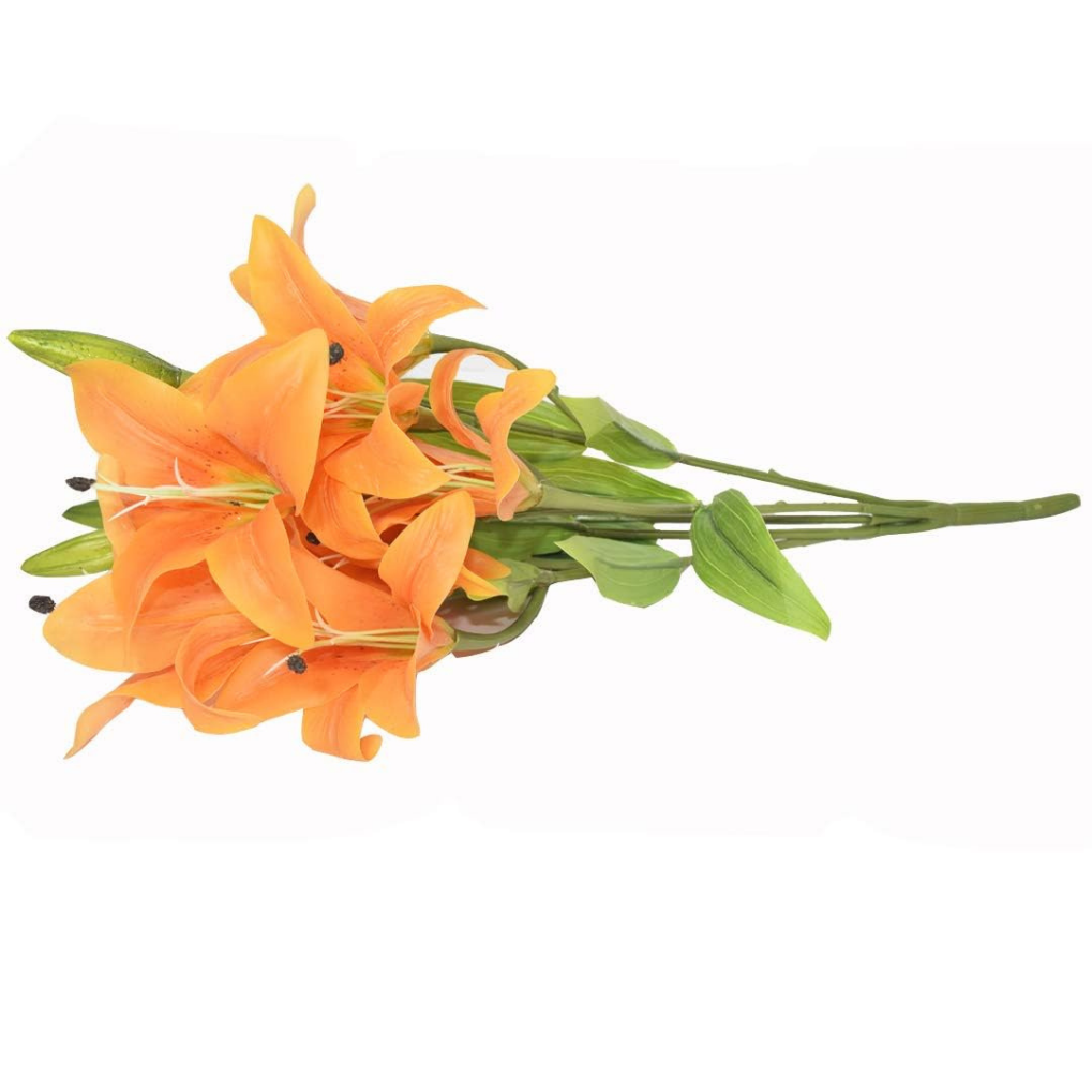 Artificial Orange Lily Flower Bouquet – Realistic Decorative Faux Floral Stem