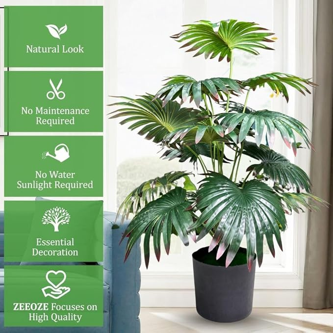 Garden Gyani Artificial Licuala Palm Plant with Pot – 2.5 Feet Tall Faux Ruffled Fan Palm for Home & Office Décor | Realistic Tropical Indoor Plant