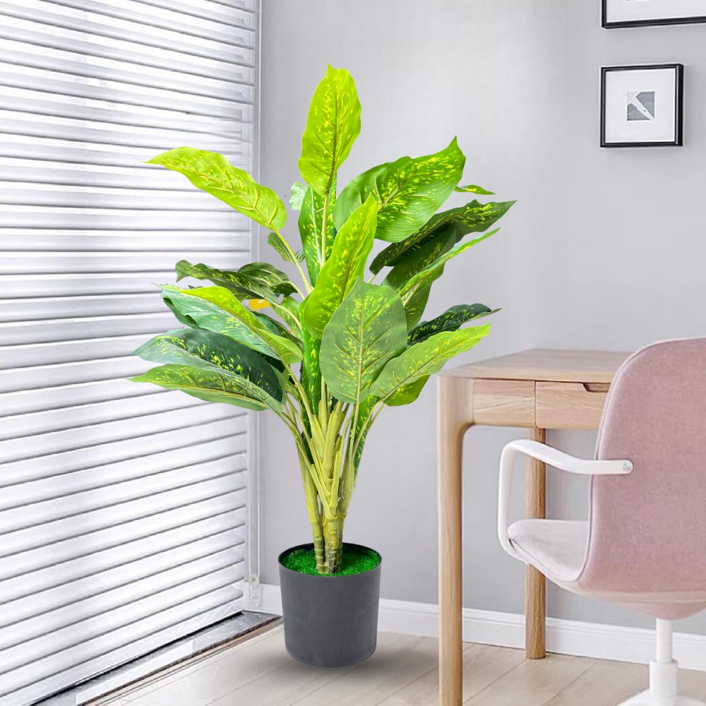 Garden Gyani Artificial Dieffenbachia Plant with Pot – 80cm Tall Faux Indoor Plant with Broad Green & Cream Leaves | 4 Stems | Realistic Decorative Plant for Home & Office