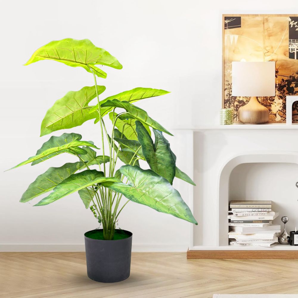 Garden Gyani Green Tropicana Fairy Taro Artificial Plant with Pot – Lush Faux Potted Plant for Home, Office & Indoor Décor