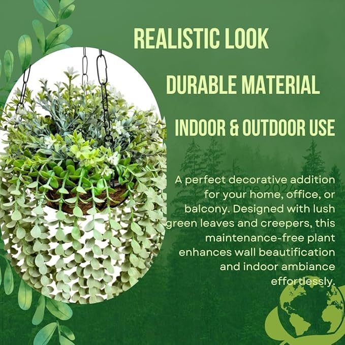 Garden Gyani Artificial Hanging Plants – Fern Vine & Multicolor Flowers | Faux Greenery for Indoor, Balcony & Garden | With Plastic & Wooden Pot