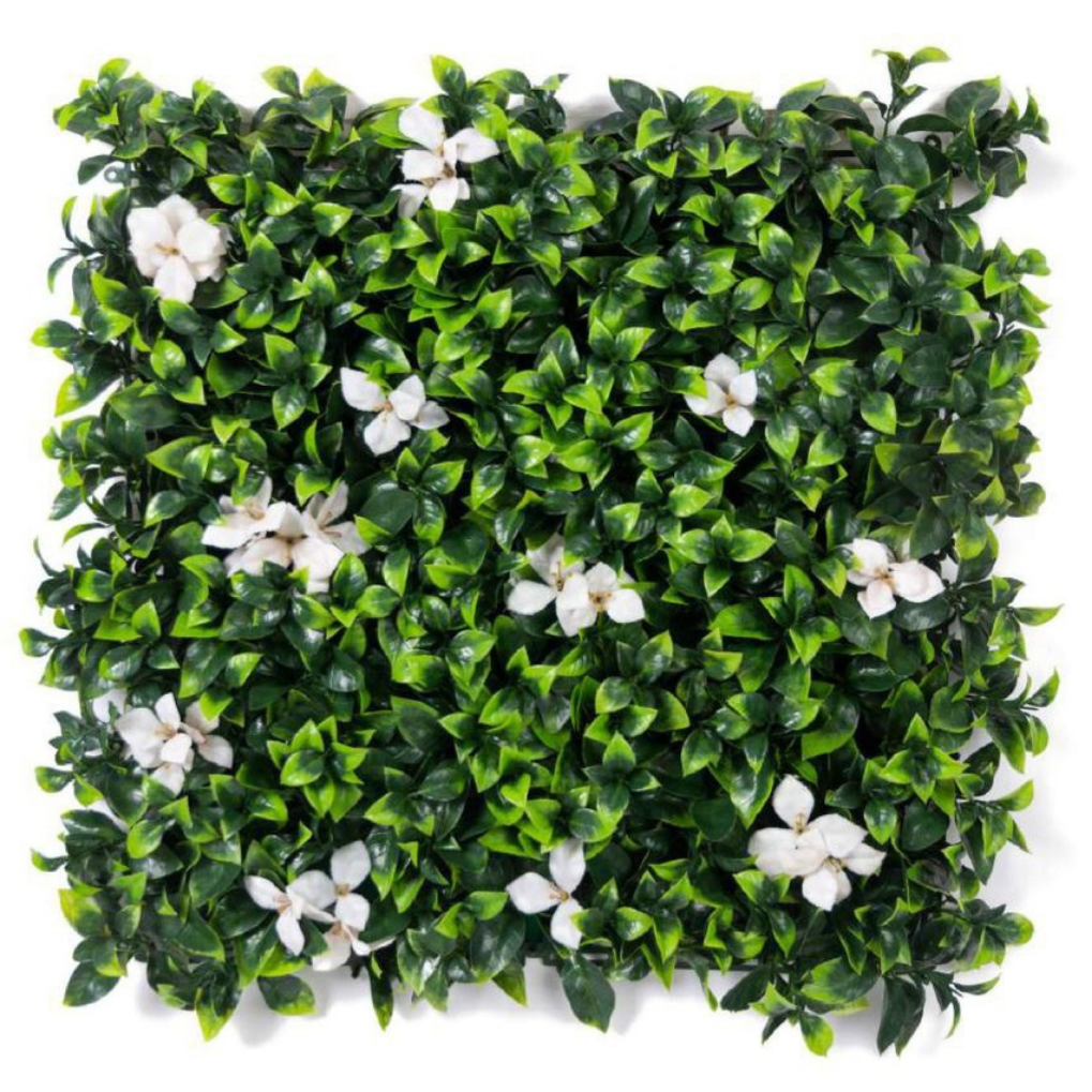 Garden Gyani Artificial Vertical Garden Panel 50×50 cm | Broad Leaf Green Wall with White Flowers | Indoor Outdoor Decor
