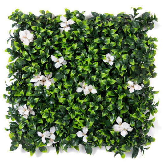 Garden Gyani Artificial Vertical Garden Panel 50×50 cm | Broad Leaf Green Wall with White Flowers | Indoor Outdoor Decor