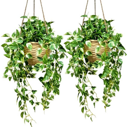 Garden Gyani Artificial Hanging Plants – Fern Vine & Multicolor Flowers | Faux Greenery for Indoor, Balcony & Garden | With Plastic & Wooden Pot