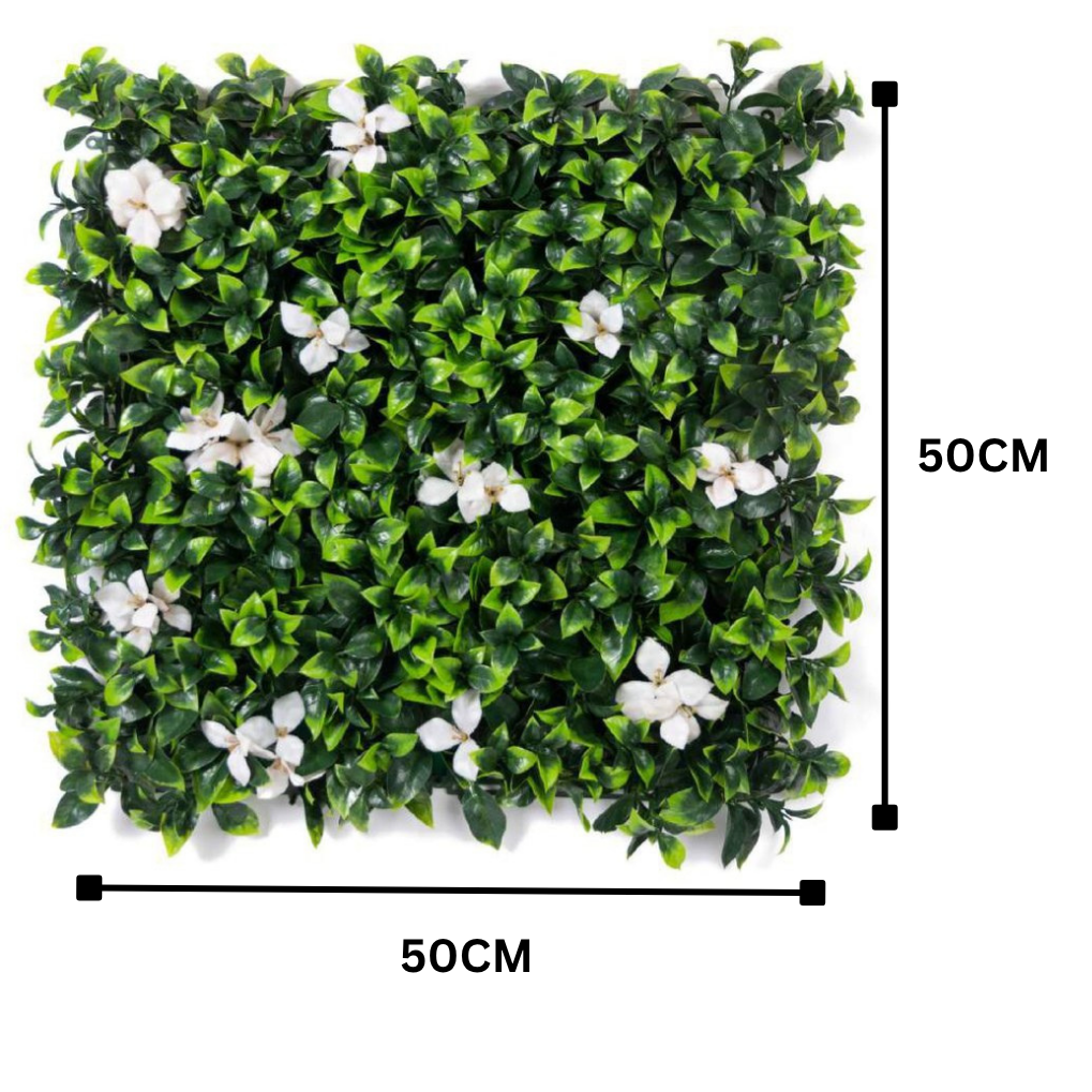 Garden Gyani Artificial Vertical Garden Panel 50×50 cm | Broad Leaf Green Wall with White Flowers | Indoor Outdoor Decor