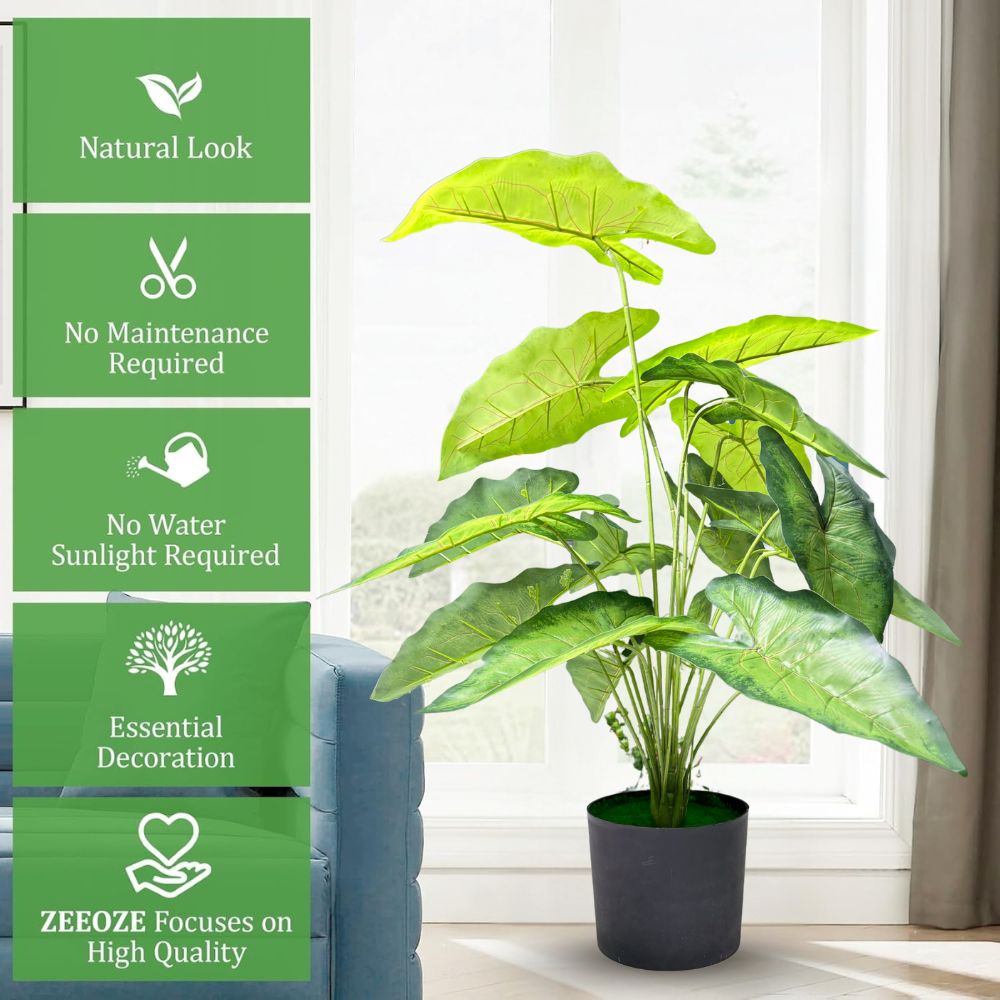 Garden Gyani Green Tropicana Fairy Taro Artificial Plant with Pot – Lush Faux Potted Plant for Home, Office & Indoor Décor