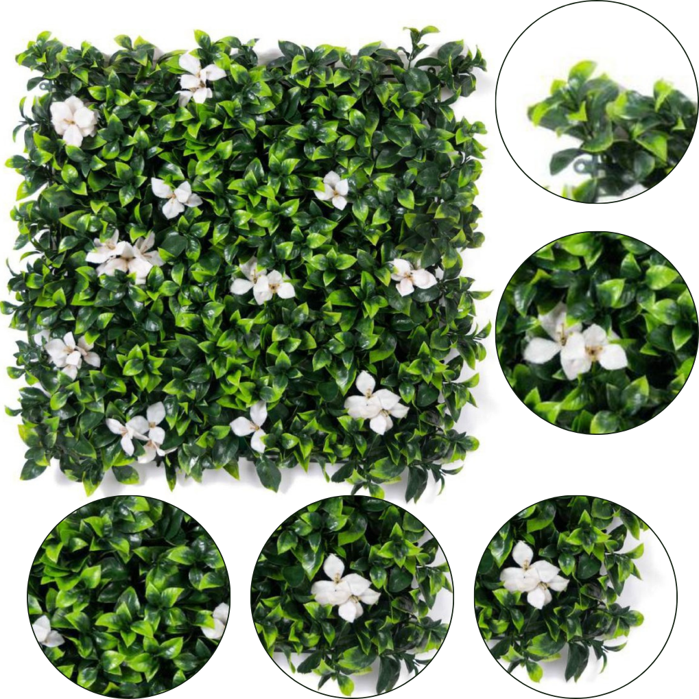 Garden Gyani Artificial Vertical Garden Panel 50×50 cm | Broad Leaf Green Wall with White Flowers | Indoor Outdoor Decor