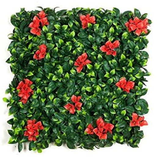 Garden Gyani Artificial Vertical Garden Panel 50×50 cm | Broad Leaf Green Wall with Red Flowers | Indoor Outdoor Decor