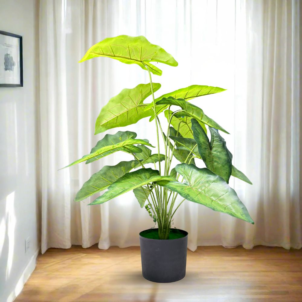 Garden Gyani Green Tropicana Fairy Taro Artificial Plant with Pot – Lush Faux Potted Plant for Home, Office & Indoor Décor